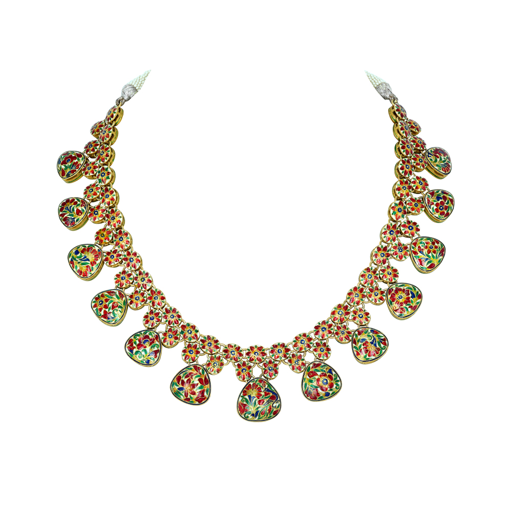 Triangle Polki Necklace with Blue Enamel